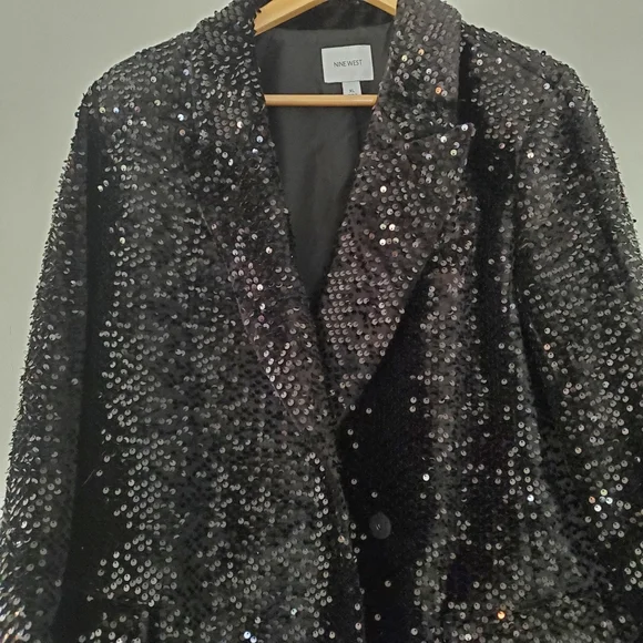 NINE WEST Sz XL Black Sequins Blazer 36" Mini Dress LS Collar Glitzy NYE EUC - Picture 14 of 16